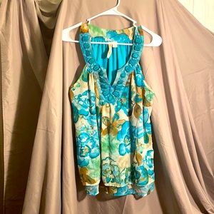 Bejeweled V-Neck Sheer layered turquoise and beige flower print sleeveless Shirt